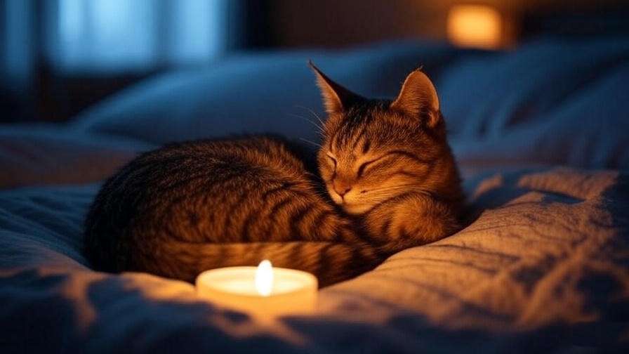 Cat curled up on a bed with a candle, promoting evening meditation for better sleep.