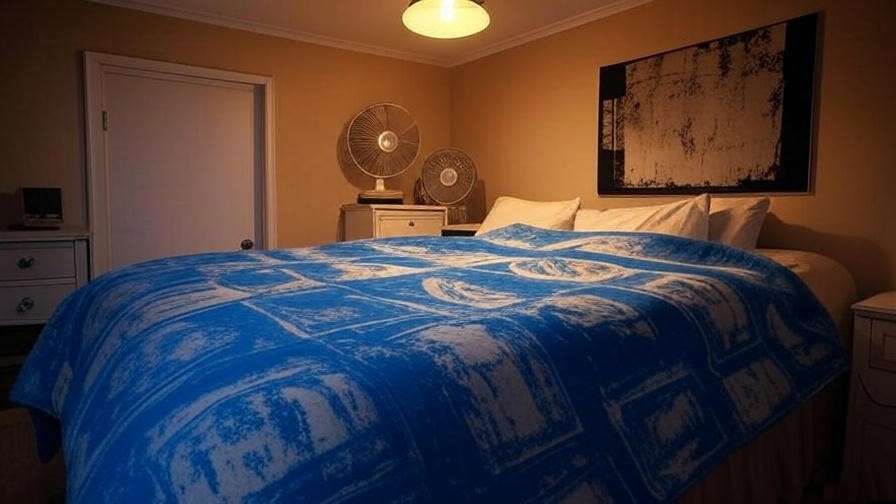 Warm bedroom with Sleeping With Sirens throw blanket and fan-inspired poster.
