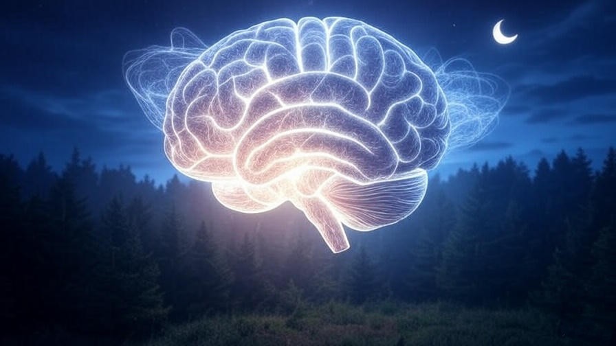 Glowing brain representing REM sleep in a dark forest under moonlight, symbolizing vivid dreams.