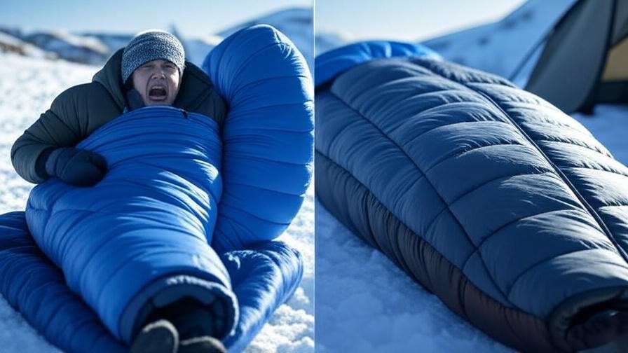 Split scene of improper vs proper zero degree sleeping bag fit in snowy environment