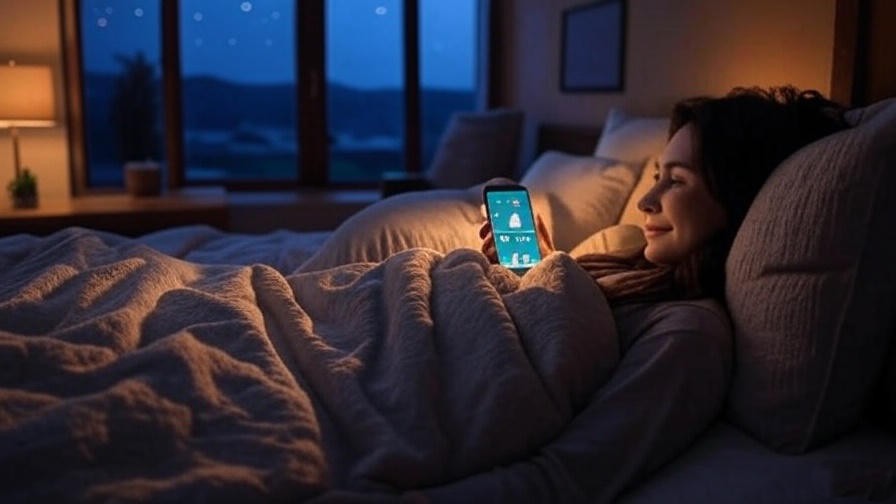Tranquil bedroom with person using Calm Pro for sleep stories under a starry night sky.