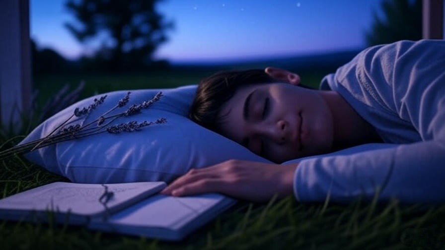 A peaceful sleeper under a starry sky with journal and lavender, symbolizing success stories of better sleep.