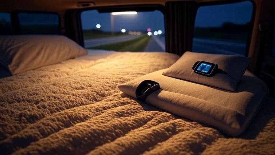 Sleep-tracking device on a Ford sleeper truck bed for monitoring rest quality.