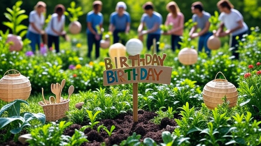 Sustainable garden party with happy birthday sign from recycled materials and guests planting trees. 
