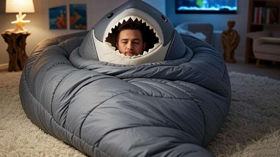 Adult relaxing in spacious shark sleeping bag with ocean decor
