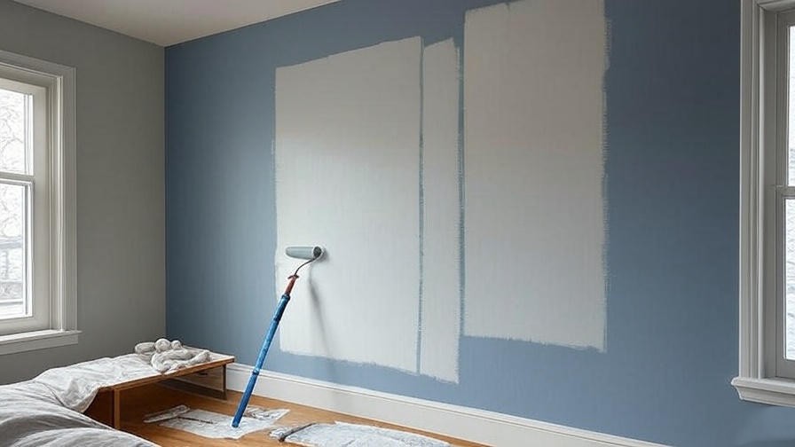 Painting process with Sherwin Williams Meditative on bedroom wall, roller in action.