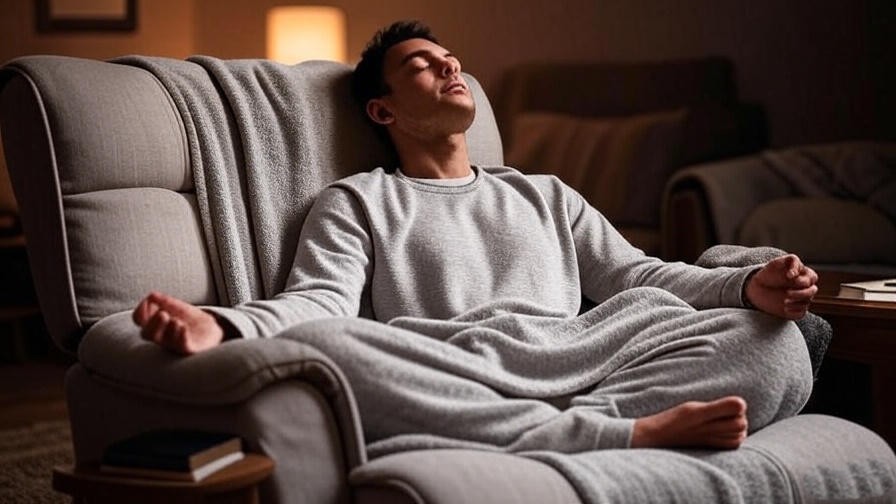Person meditating in recliner with blanket and mindfulness journal for holistic well-being