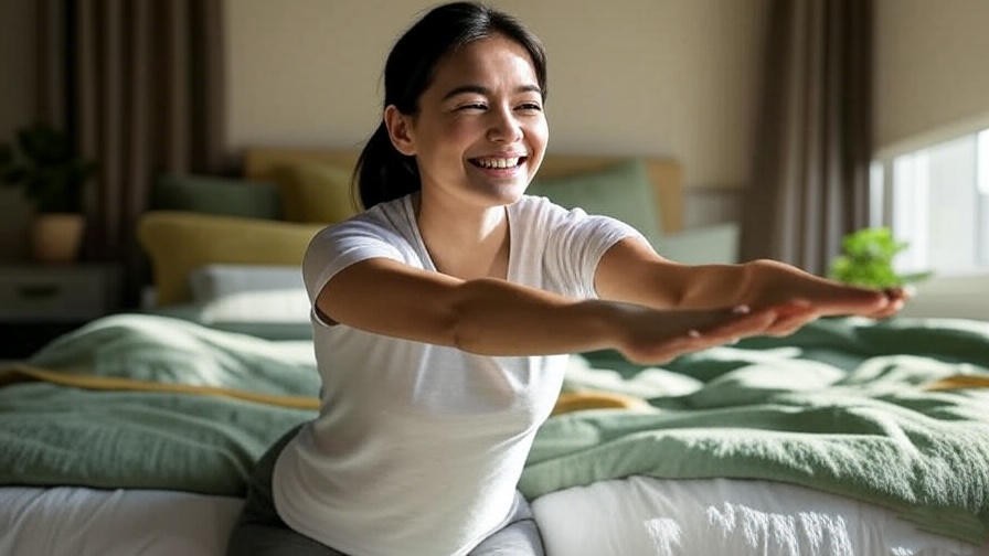 Happy person stretching in sunlit bedroom with plant, symbolizing better sleep success.
