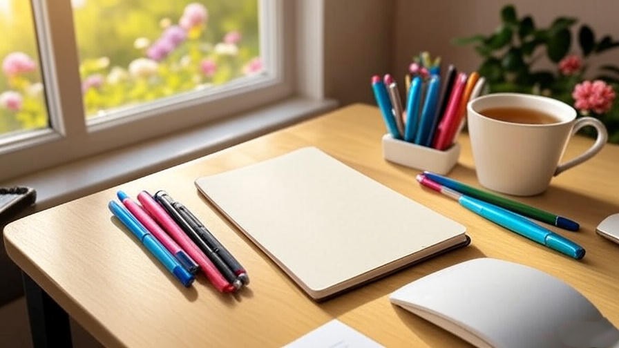 Desk with habit tracker notebook and tea for building daily routines.