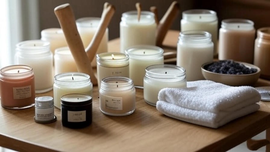 Variety of meditation candles with lavender and natural waxes on a wooden table.
