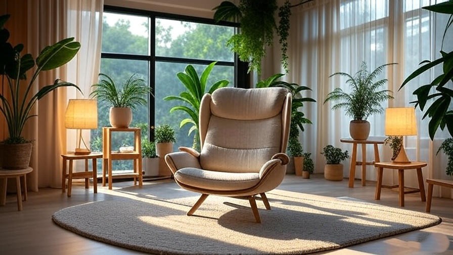Cozy meditation space with chair, plants, and calming decor.