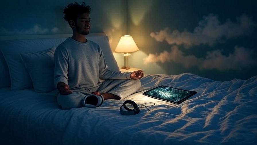 Person meditating in a serene bedroom with headphones and tablet displaying Aspen Dawn Dream Presets nature soundscape.