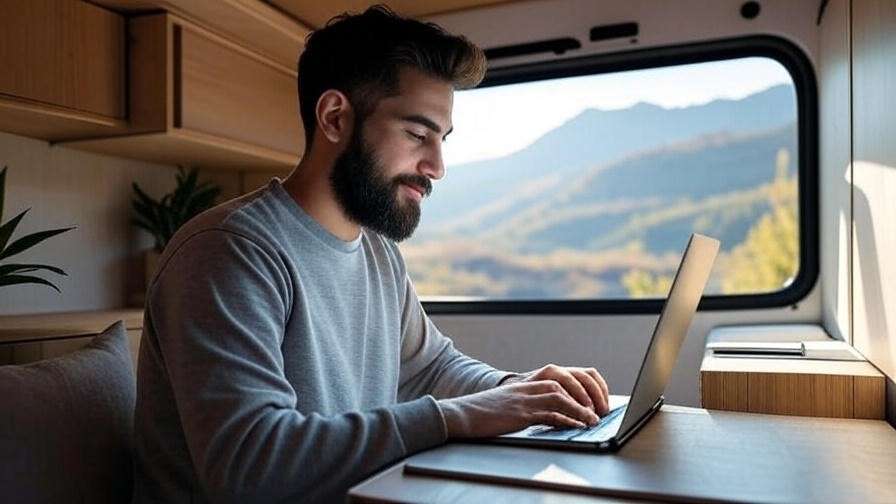 Nomad working in box truck sleeper with mountain view.