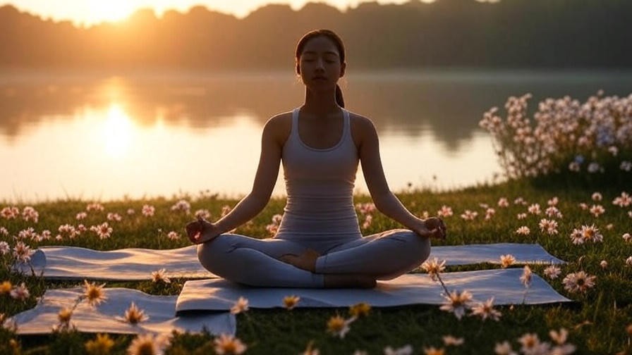 Person doing yoga by lake with glow for Glorious Mysteries holistic balance