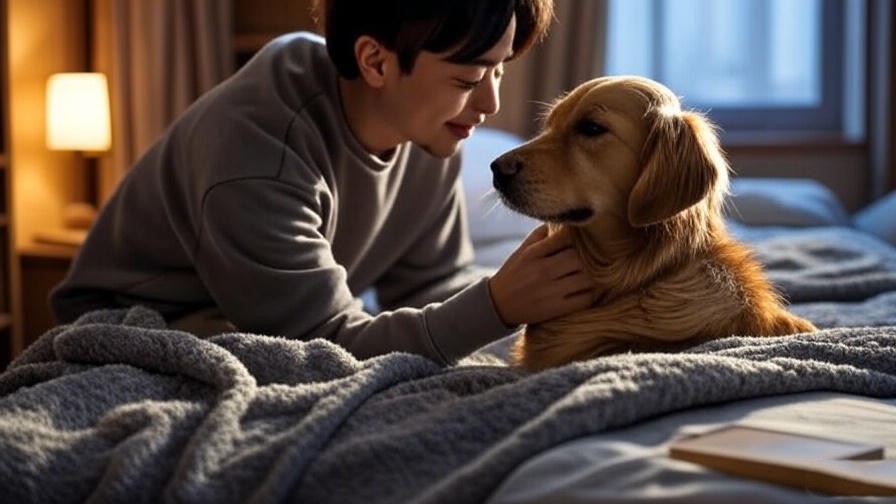 Person petting a dog during a calming bedtime routine with a cozy blanket and book.