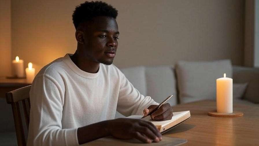 Person journaling by candlelight in a minimalist room for mindfulness practice.