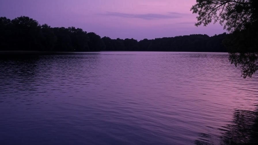 Tranquil dusk view of Timothy Lake with purple sky and trees