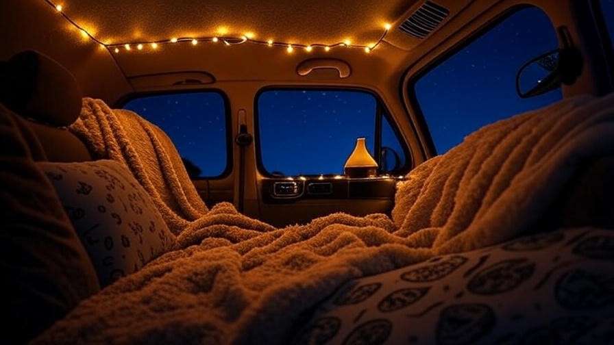 Cozy hatchback interior with fairy lights and essential oil diffuser for comfort.
