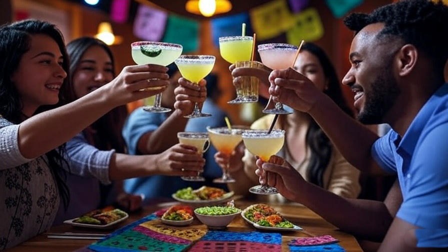 Group of friends toasting drinks at On the Border happy hour with appetizers and vibrant decor.
