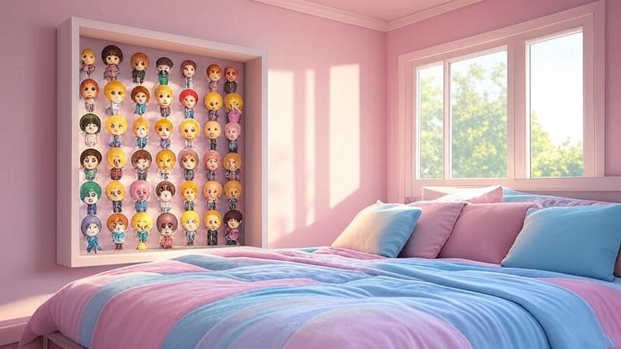 Shadow box display of Bang Dream chibi figures in a tidy bedroom with natural light.