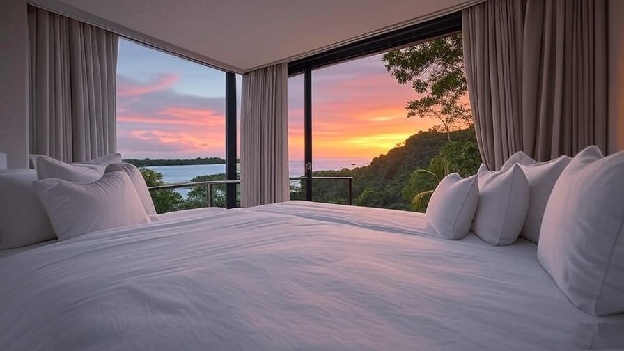 Luxury oceanfront suite at Dreams Las Mareas with plush bedding and sunset view