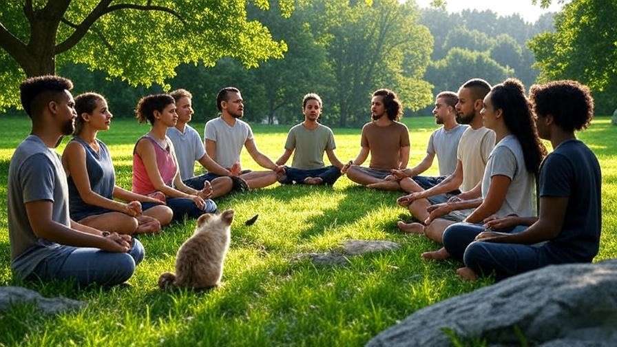 Group meditating outdoors with a cat, symbolizing mindfulness community.