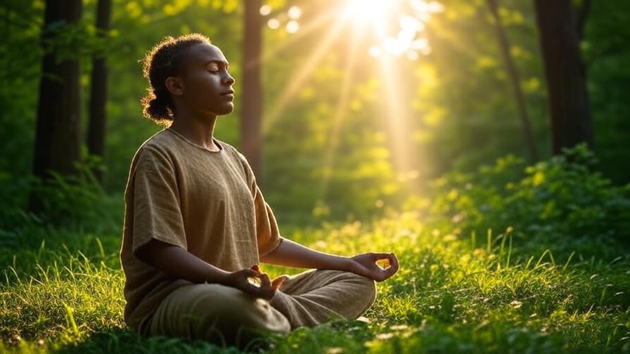 Person meditating in a tranquil forest for equanimity meditation practice