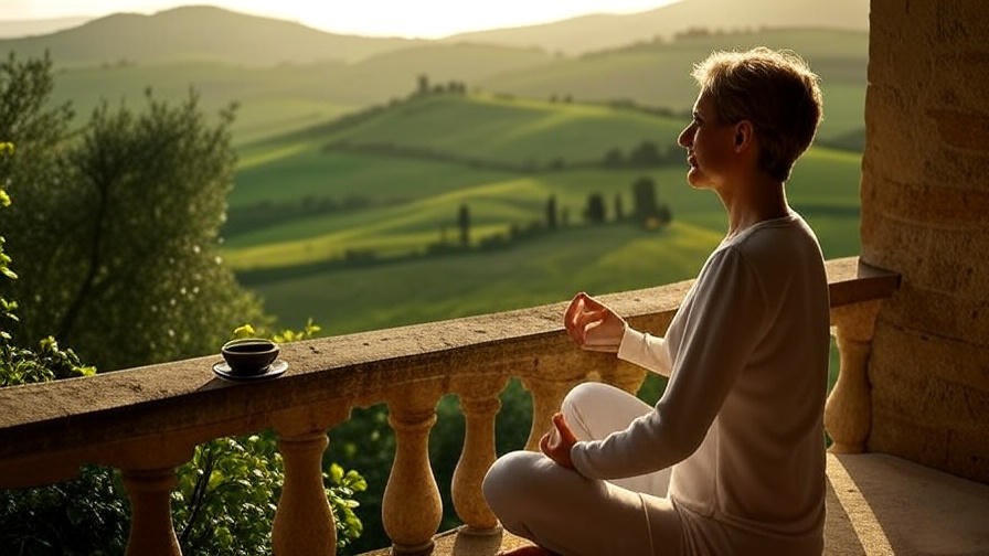 Serene Tuscany morning with person meditating and espresso, symbolizing mindful New Year rituals.
