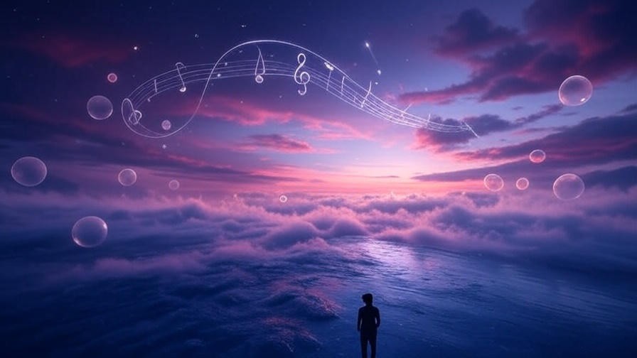 A surreal twilight landscape with a silhouette, glowing orbs, and a musical staff in the sky, symbolizing the dreamlike and subconscious themes in Sleep Token’s Even In Arcadia.