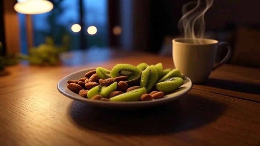 Healthy sleep-friendly snack with kiwi and almonds and herbal tea