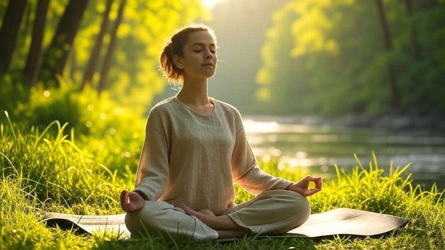 Person meditating in lotus pose by a calm river at sunrise in a lush forest
