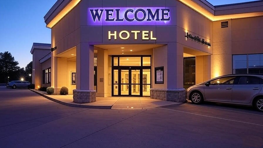 Affordable Indianapolis hotel entrance with car parked nearby at dusk.