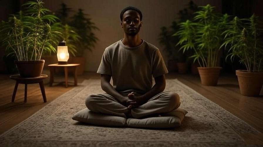 Minimalist meditation space with cannabis plants and a person meditating, showing safe weed and meditation setup.