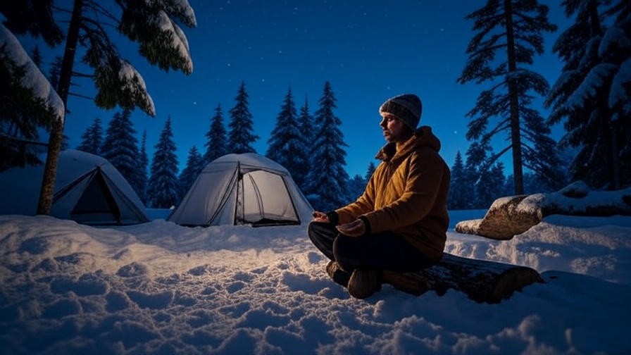 Person meditating outside tent in snowy forest at night