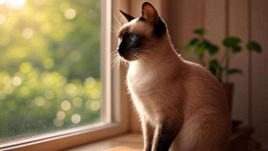 Serene Siamese cat meditating on a windowsill in morning sunlight, promoting mindfulness.