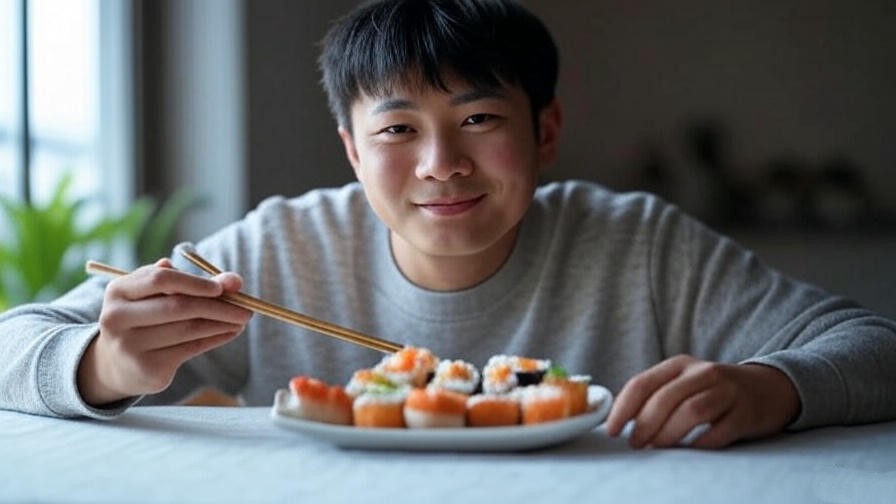 Person practicing mindful eating with chopsticks over a sushi plate in a serene happy hour setting