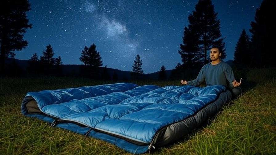 Clean sleeping bag with a person meditating under stars for mental health and sleep wellness.