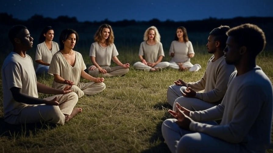 Diverse group meditating under stars for Katara Atanatos