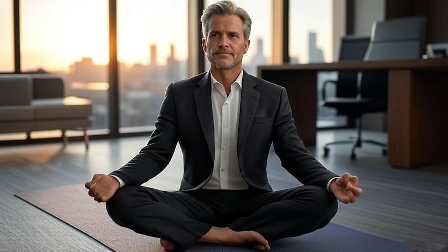 Billionaire meditating on yoga mat in luxurious office with sunrise view.