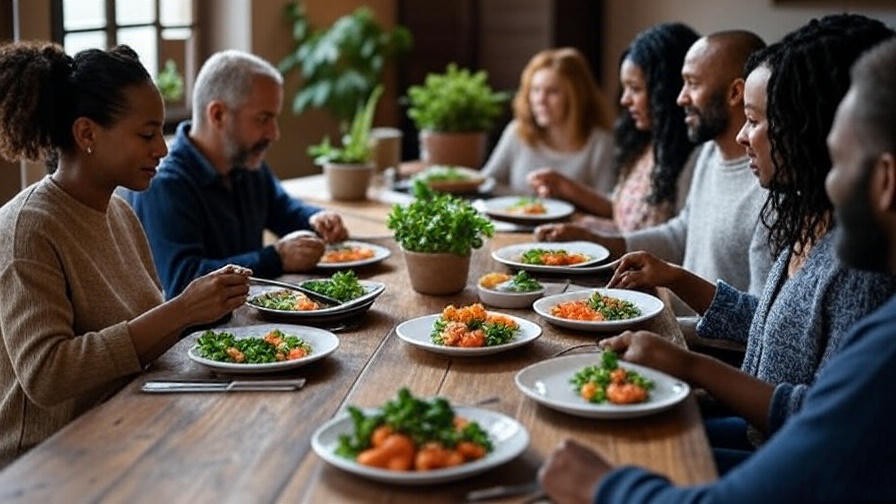 Group sharing a mindful Medit Bistro meal with colorful foods in a warm setting