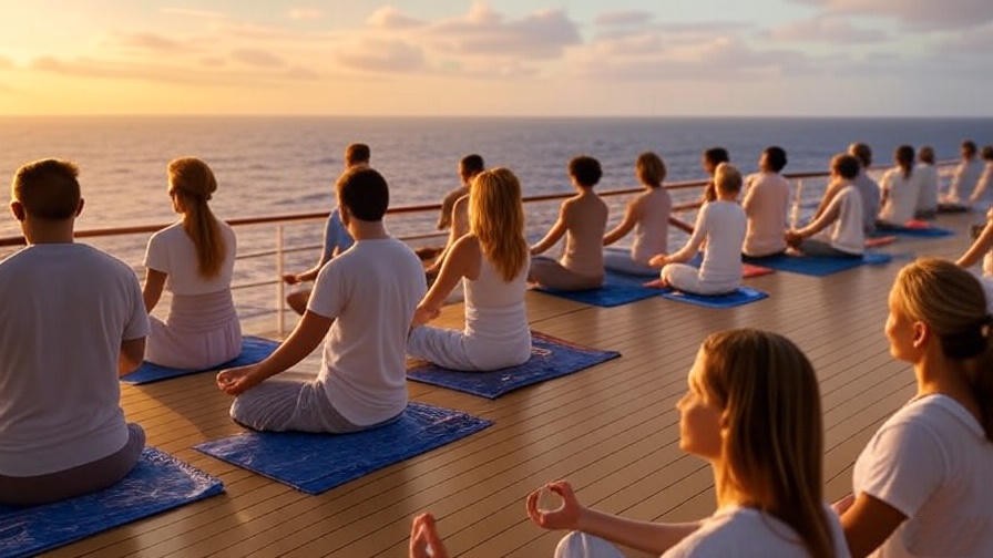 Tranquil deck on Disney Dream Cruise at sunset with guests meditating and ocean view.