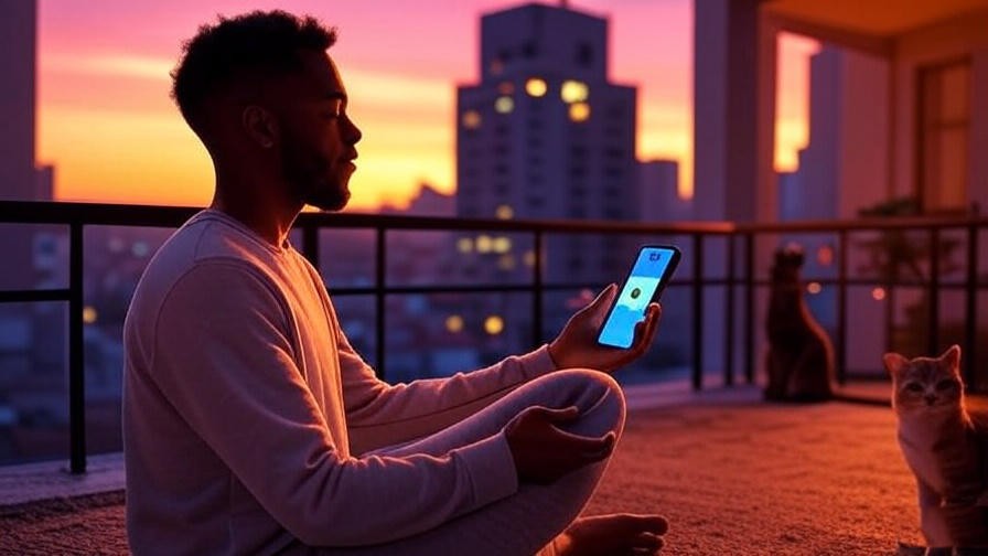 Person meditating on balcony with cityscape sunset, holding mindfulness app, and relaxed cat.