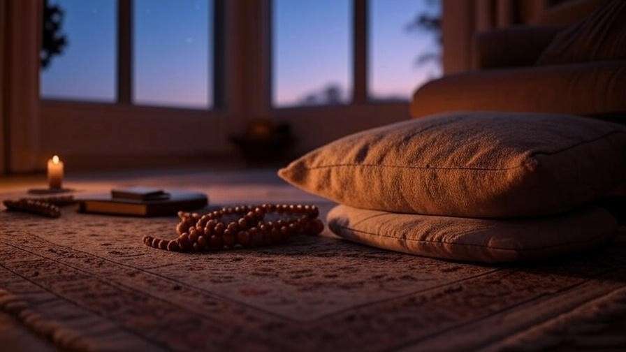 Cozy evening meditation setup with candle, mala beads, and twilight view