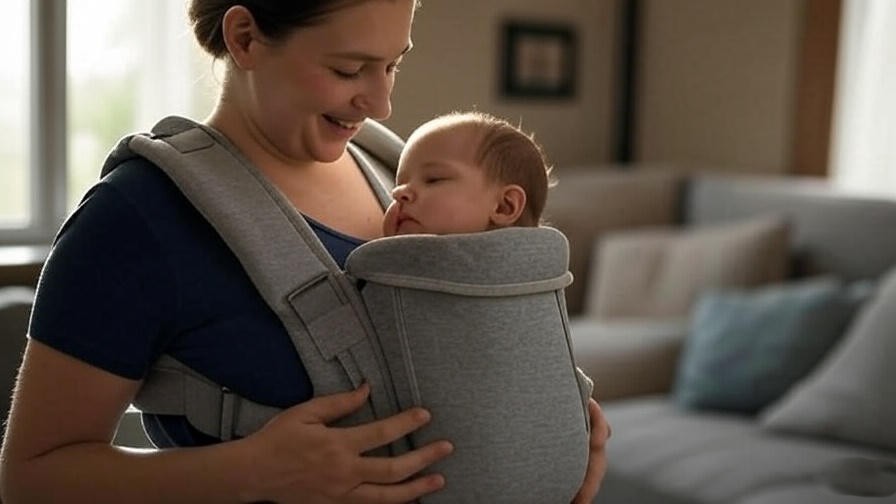 Parent rocking baby to sleep in happy baby carrier near window