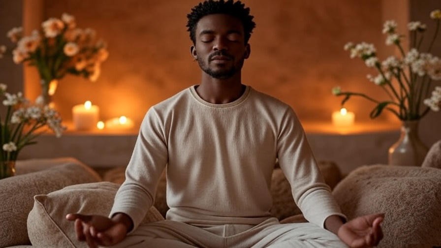 Person meditating indoors with candles and flowers, illustrating a gratitude meditation script.