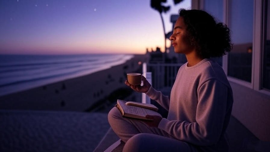 Person meditating on a balcony with a journal and tea, overlooking Santa Monica beach at night. 