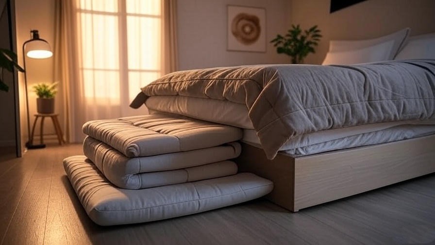 BonVIVO Easy II Padded Floor Chair folded and stored under a bed in a small apartment.