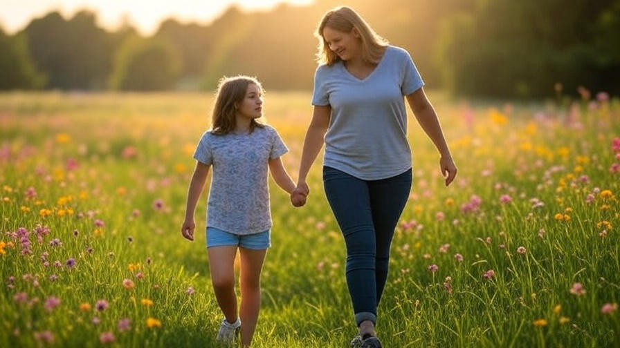 Person and child walking in a meadow, symbolizing gratitude meditation life changes.