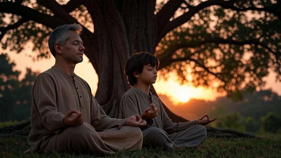 Father and son meditating under a tree at sunset, symbolizing strength and connection in father son phallic meditation.