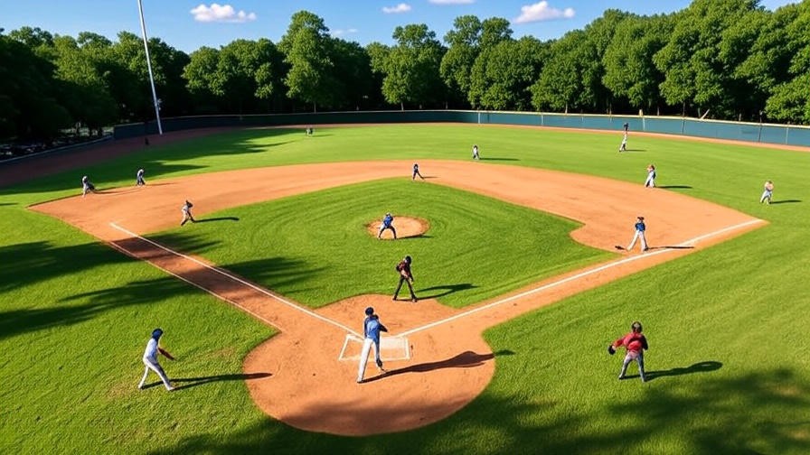 Aerial view of a lively softball game at Big League Dreams Perris sports complex. 